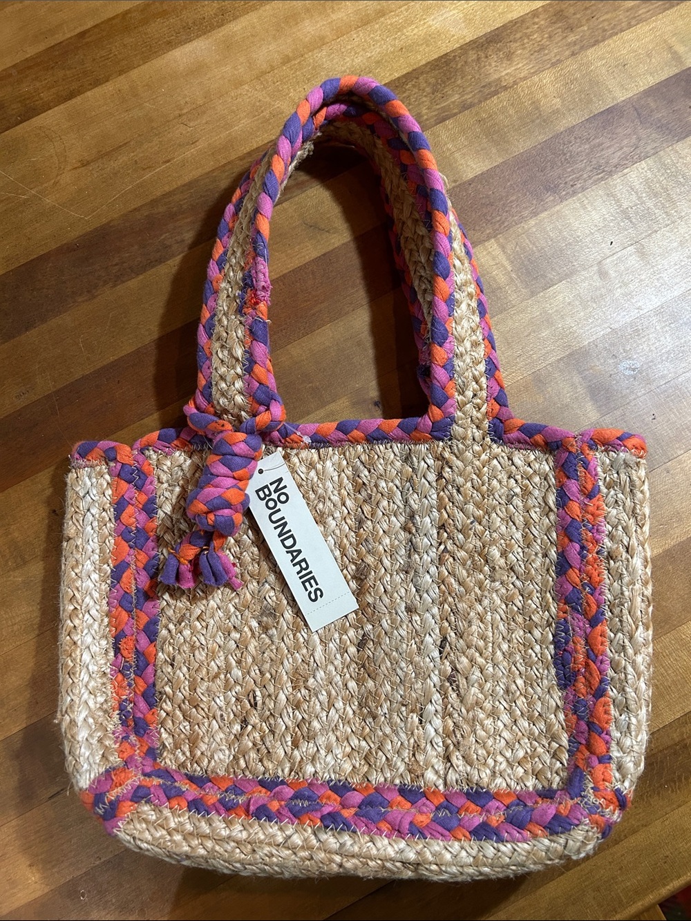 No Boundaries Straw Tote with Pink, Purple and Orange Braided Trim